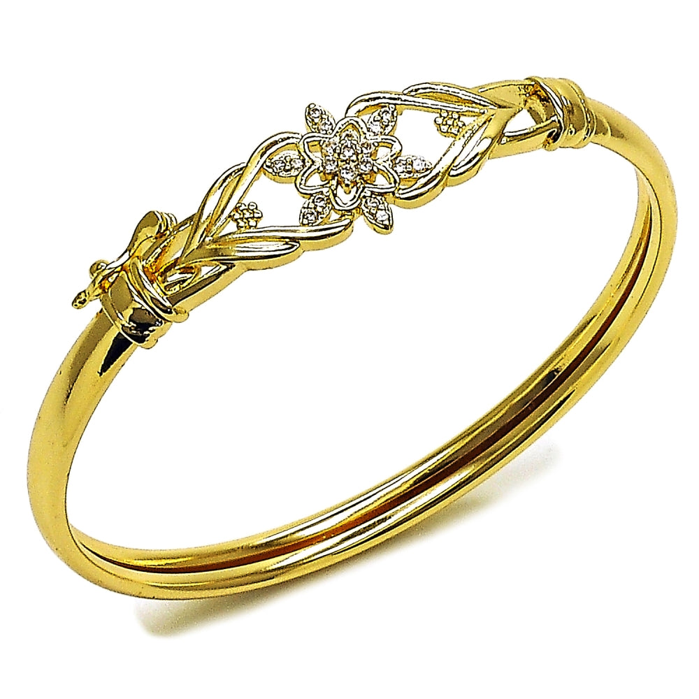 Oro Laminado Individual Bangle, Gold Filled Style Flower Design, with White Cubic Zirconia, Polished, Golden Finish