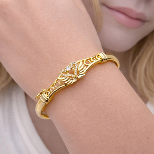Oro Laminado Individual Bangle, Gold Filled Style Swan Design, with White Cubic Zirconia, Polished, Golden Finish