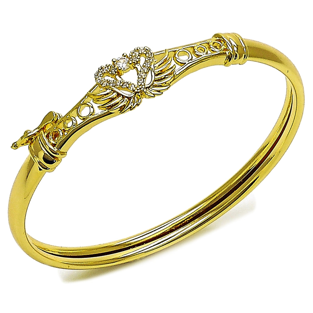 Oro Laminado Individual Bangle, Gold Filled Style Swan Design, with White Cubic Zirconia, Polished, Golden Finish