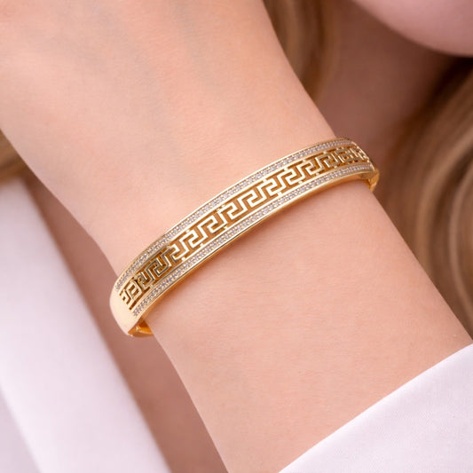 Oro Laminado Individual Bangle, Gold Filled Style Greek Key Design, with White Micro Pave, Polished, Golden Finish