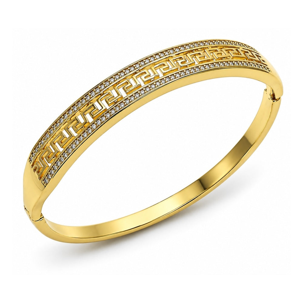 Oro Laminado Individual Bangle, Gold Filled Style Greek Key Design, with White Micro Pave, Polished, Golden Finish