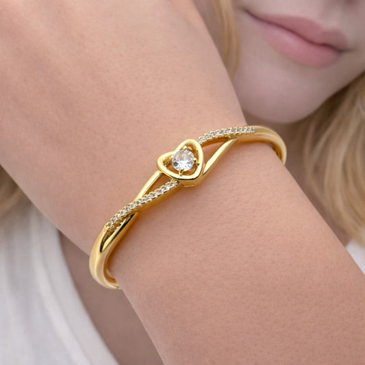Oro Laminado Individual Bangle, Gold Filled Style Heart and Infinite Design, with White Cubic Zirconia, Polished, Golden Finish