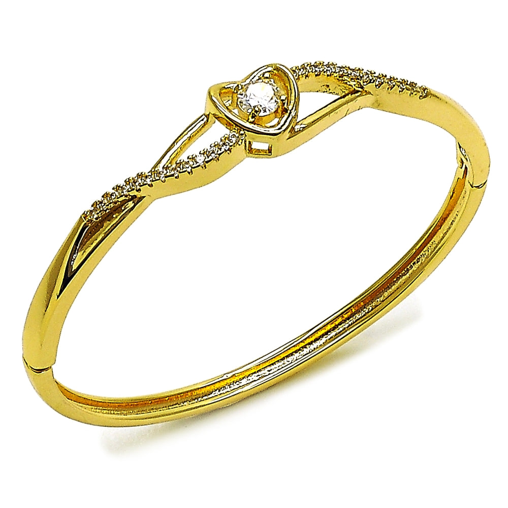 Oro Laminado Individual Bangle, Gold Filled Style Heart and Infinite Design, with White Cubic Zirconia, Polished, Golden Finish