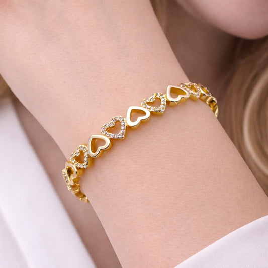 Oro Laminado Individual Bangle, Gold Filled Style Heart Design, with White Micro Pave, Polished, Golden Finish