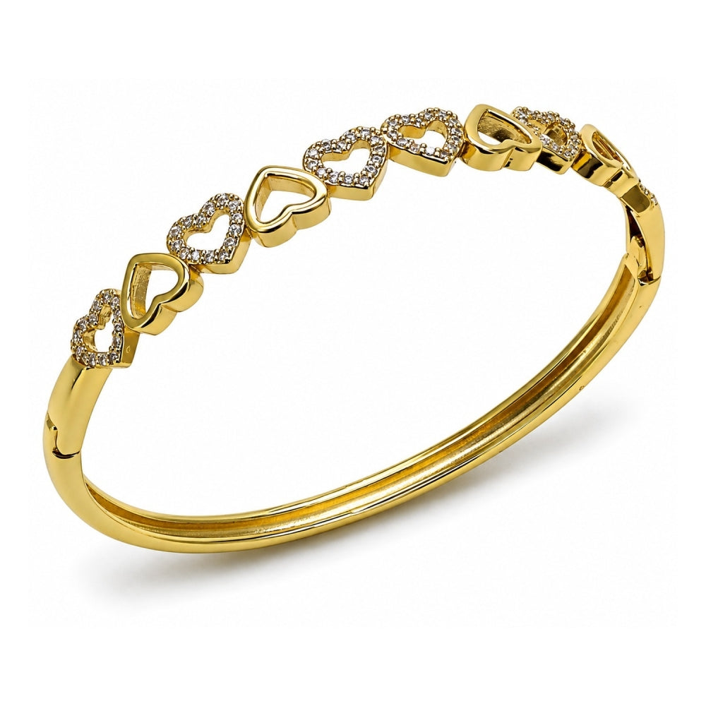 Oro Laminado Individual Bangle, Gold Filled Style Heart Design, with White Micro Pave, Polished, Golden Finish