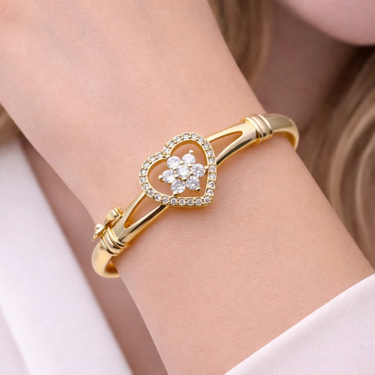 Oro Laminado Individual Bangle, Gold Filled Style Heart and Flower Design, with White Cubic Zirconia, Polished, Golden Finish