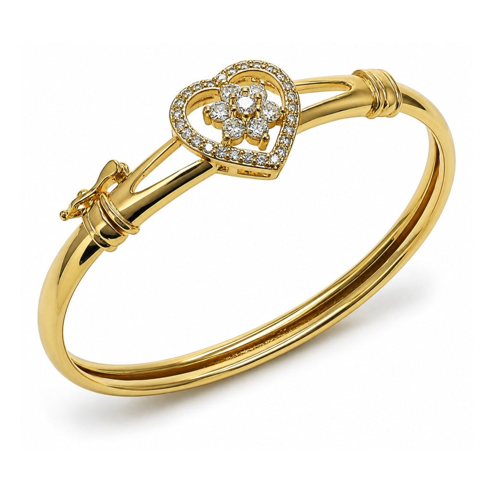 Oro Laminado Individual Bangle, Gold Filled Style Heart and Flower Design, with White Cubic Zirconia, Polished, Golden Finish