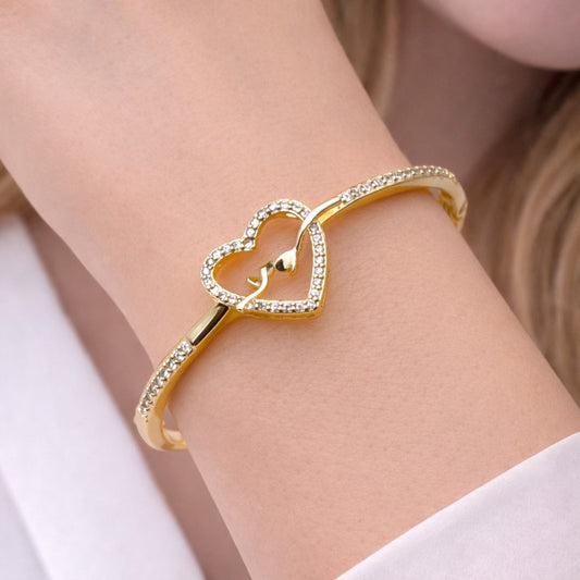 Oro Laminado Individual Bangle, Gold Filled Style Heart Design, with White Cubic Zirconia, Polished, Golden Finish