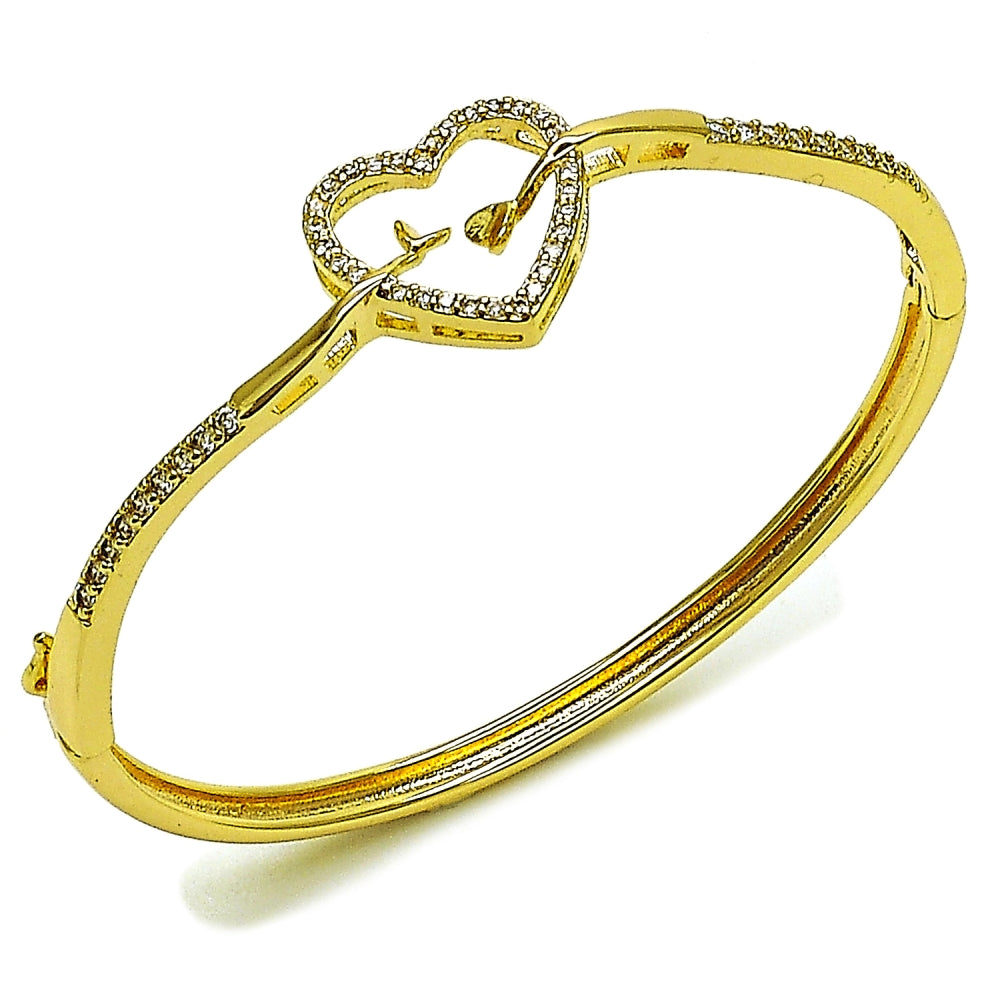 Oro Laminado Individual Bangle, Gold Filled Style Heart Design, with White Cubic Zirconia, Polished, Golden Finish