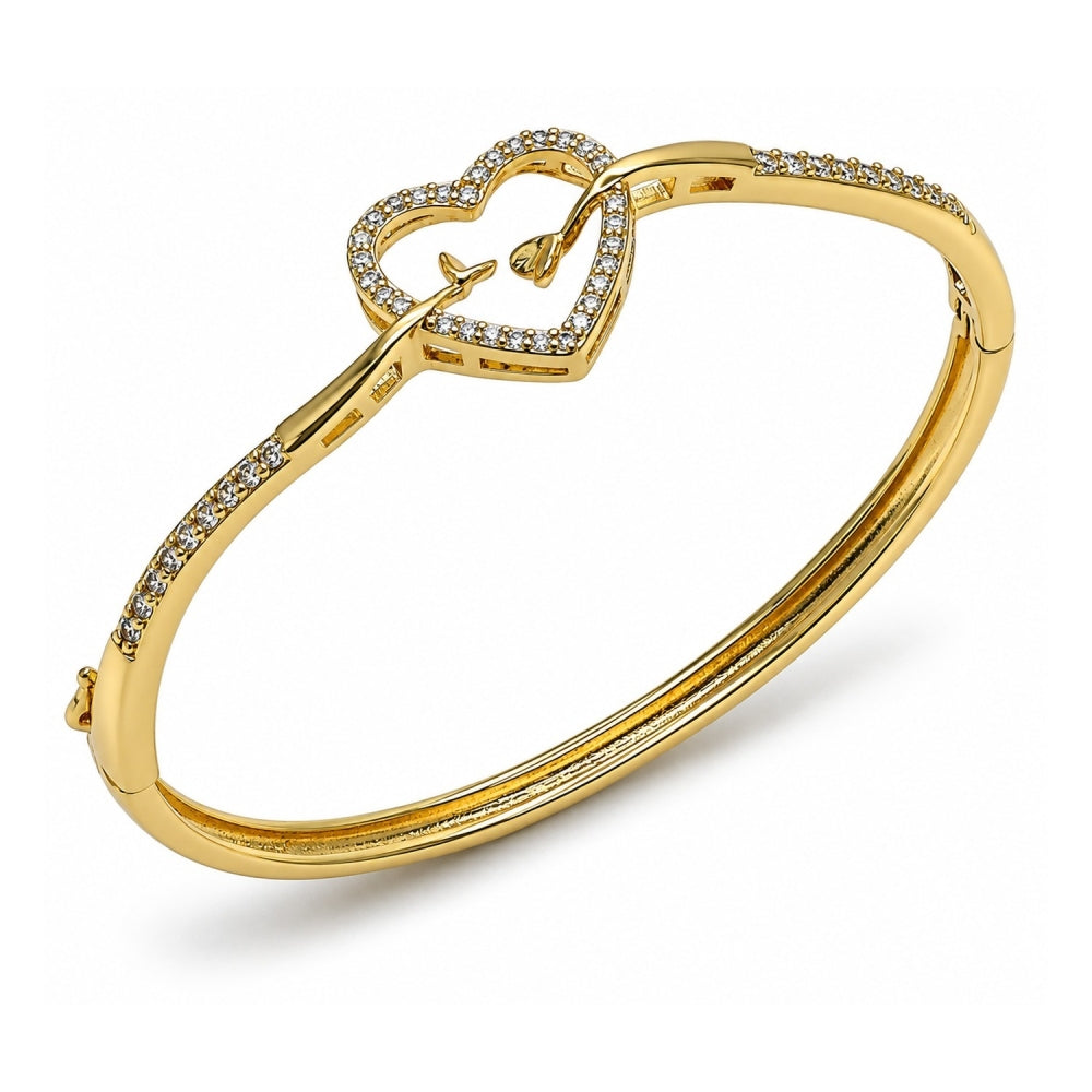 Oro Laminado Individual Bangle, Gold Filled Style Heart Design, with White Cubic Zirconia, Polished, Golden Finish