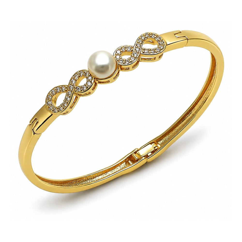 Oro Laminado Individual Bangle, Gold Filled Style Infinite and Ball Design, with White Cubic Zirconia and Ivory Pearl, Polished, Golden Finish