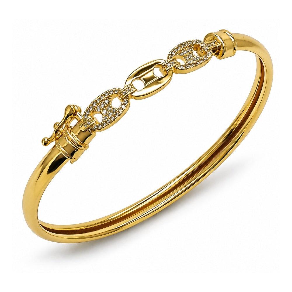 Oro Laminado Individual Bangle, Gold Filled Style Puff Mariner Design, with White Micro Pave, Polished, Golden Finish