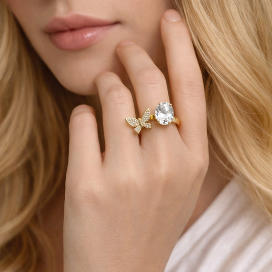 Oro Laminado Multi Stone Ring, Gold Filled Style Butterfly Design, with White Cubic Zirconia and White Micro Pave, Polished, Golden Finish