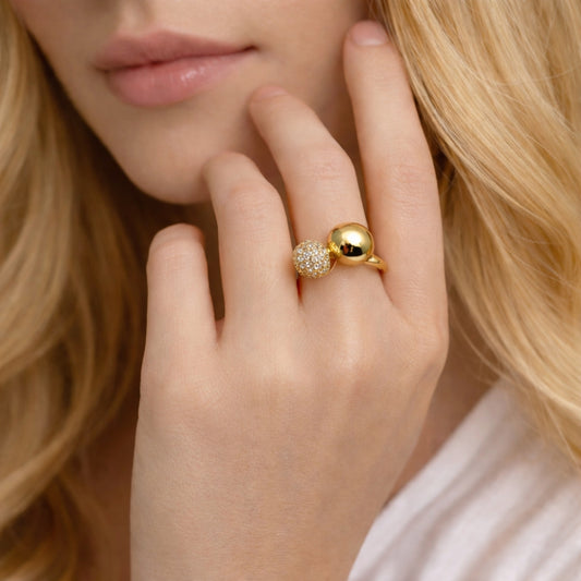 Oro Laminado Multi Stone Ring, Gold Filled Style Ball Design, with White Micro Pave, Polished, Golden Finish