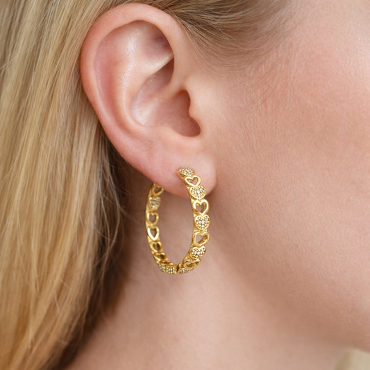 Oro Laminado Huggie Hoop, Gold Filled Style Heart Design, with White Micro Pave, Polished, Golden Finish