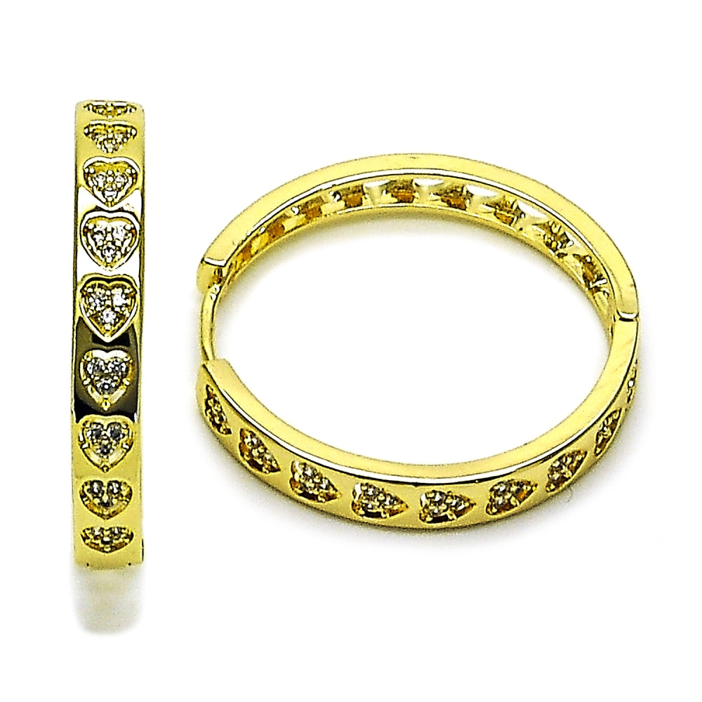Oro Laminado Huggie Hoop, Gold Filled Style Heart Design, with White Micro Pave, Polished, Golden Finish