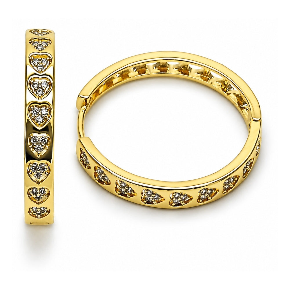 Oro Laminado Huggie Hoop, Gold Filled Style Heart Design, with White Micro Pave, Polished, Golden Finish