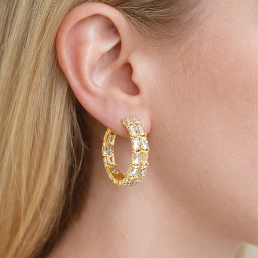 Oro Laminado Huggie Hoop, Gold Filled Style Baguette Design, with White Cubic Zirconia, Polished, Golden Finish