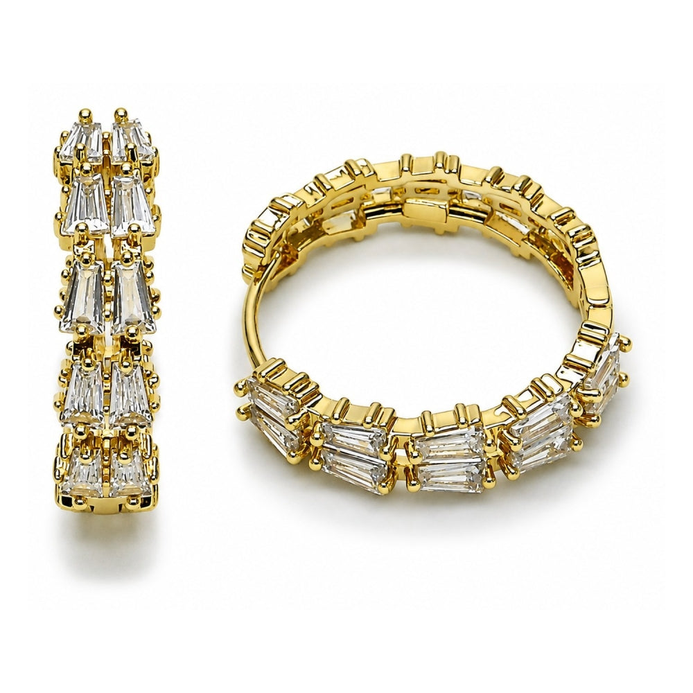 Oro Laminado Huggie Hoop, Gold Filled Style Baguette Design, with White Cubic Zirconia, Polished, Golden Finish