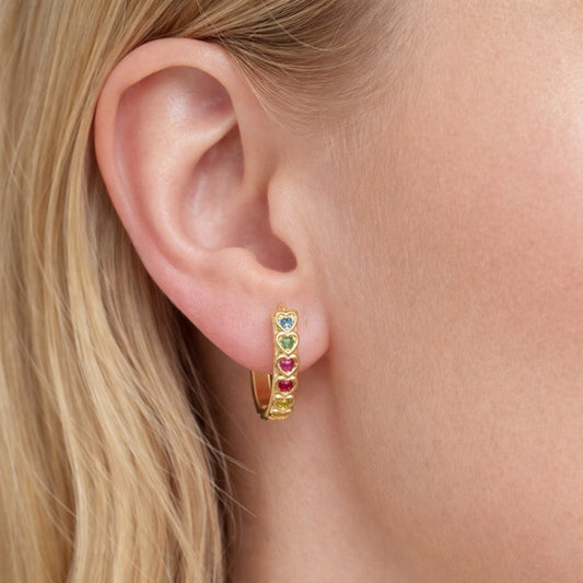 Oro Laminado Huggie Hoop, Gold Filled Style Heart Design, with Multicolor Cubic Zirconia, Polished, Golden Finish