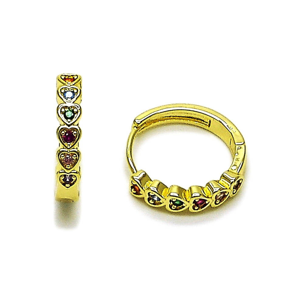 Oro Laminado Huggie Hoop, Gold Filled Style Heart Design, with Multicolor Cubic Zirconia, Polished, Golden Finish
