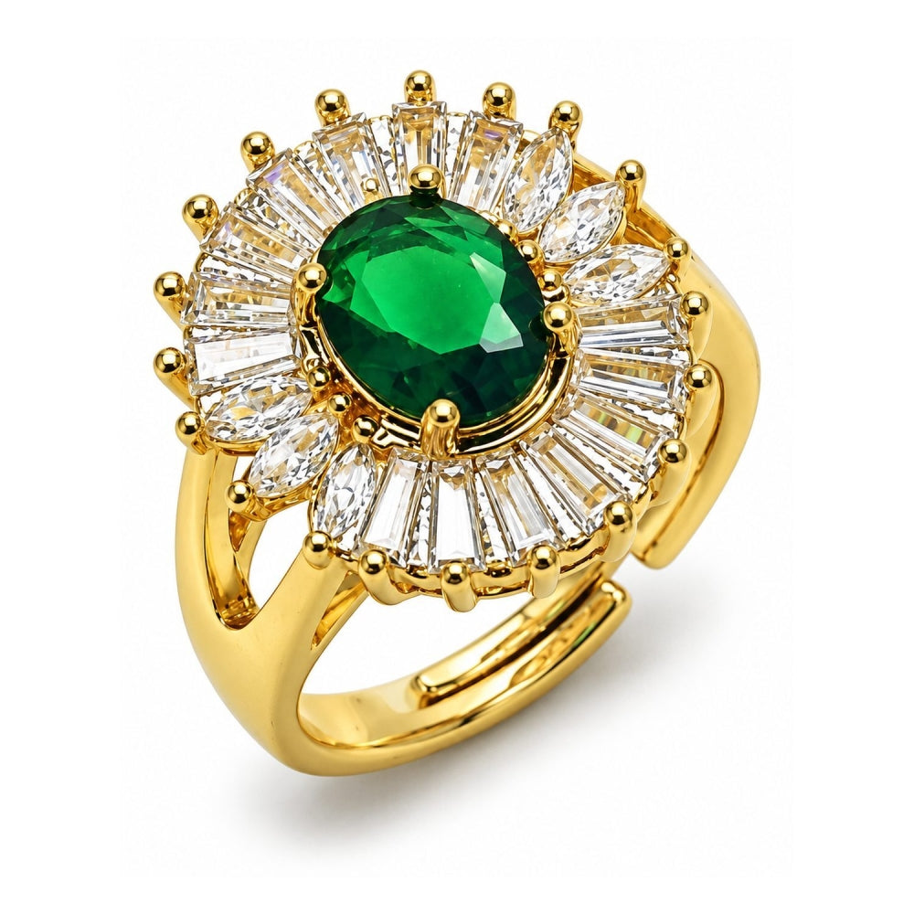Oro Laminado Multi Stone Ring, Gold Filled Style Baguette and Cluster Design, with Green and White Cubic Zirconia, Polished, Golden Finish