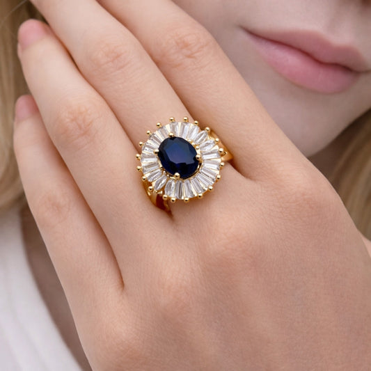 Oro Laminado Multi Stone Ring, Gold Filled Style Baguette and Cluster Design, with Sapphire Blue and White Cubic Zirconia, Polished, Golden Finish