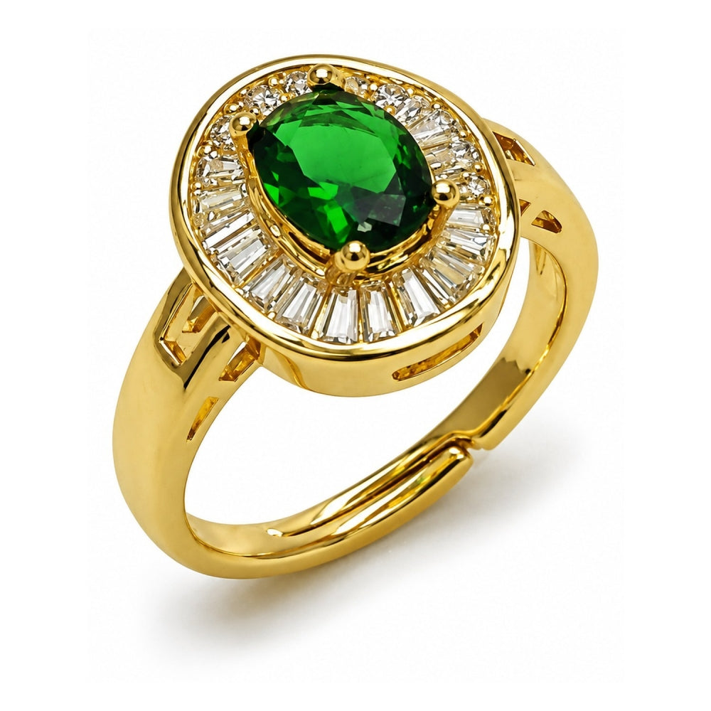 Oro Laminado Multi Stone Ring, Gold Filled Style Cluster and Baguette Design, with Green and White Cubic Zirconia, Polished, Golden Finish