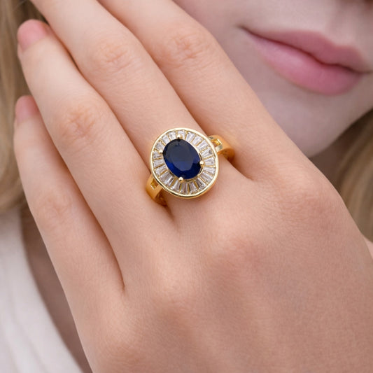 Oro Laminado Multi Stone Ring, Gold Filled Style Baguette and Cluster Design, with Sapphire Blue and White Cubic Zirconia, Polished, Golden Finish