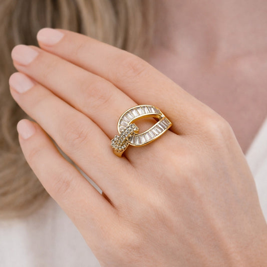 Oro Laminado Multi Stone Ring, Gold Filled Style Belt Buckle and Baguette Design, with White Cubic Zirconia and White Micro Pave, Polished, Golden Finish