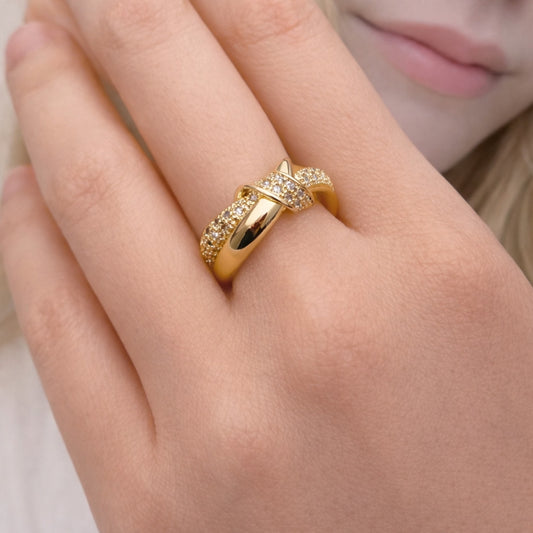 Oro Laminado Multi Stone Ring, Gold Filled Style Love Knot Design, with White Micro Pave, Polished, Golden Finish