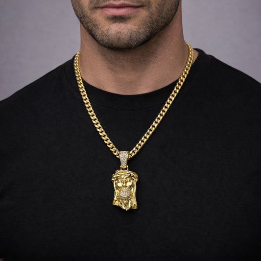 Oro Laminado Religious Pendant, Gold Filled Style Jesus Design, with White Micro Pave, Polished, Golden Finish