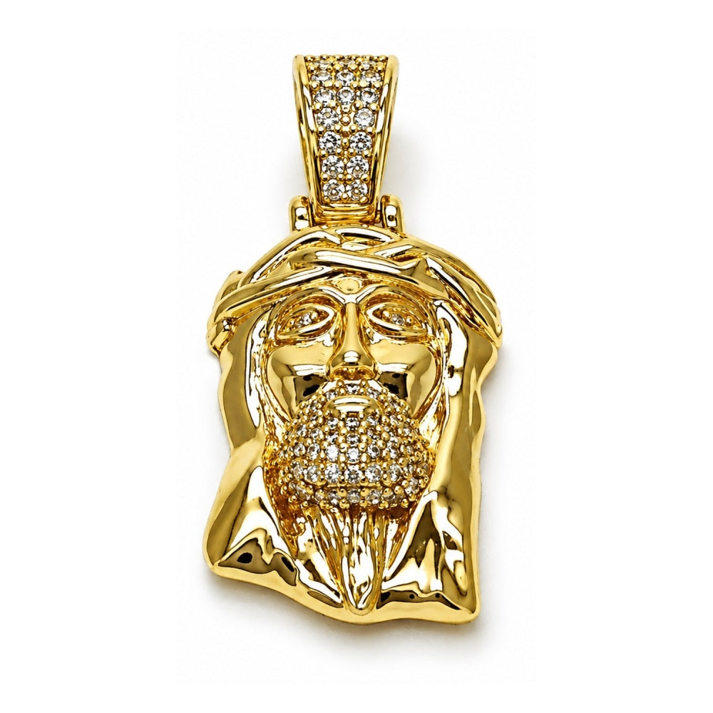 Oro Laminado Religious Pendant, Gold Filled Style Jesus Design, with White Micro Pave, Polished, Golden Finish