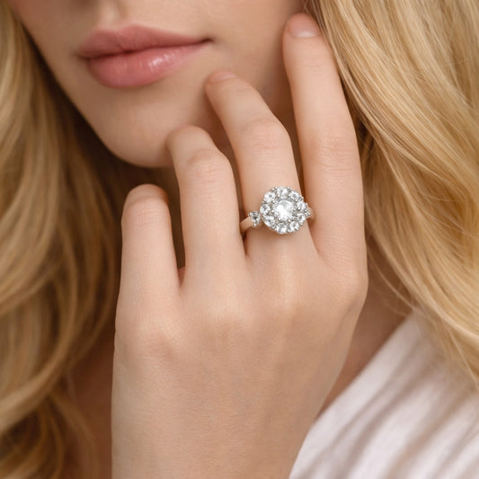 Rhodium Gold Filled Multi Stone Ring, Flower Design, with White Cubic Zirconia, Polished, Rhodium Finish