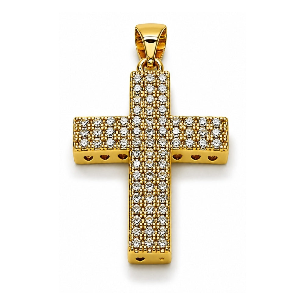 Oro Laminado Religious Pendant, Gold Filled Style Cross Design, with White Cubic Zirconia, Polished, Golden Finish