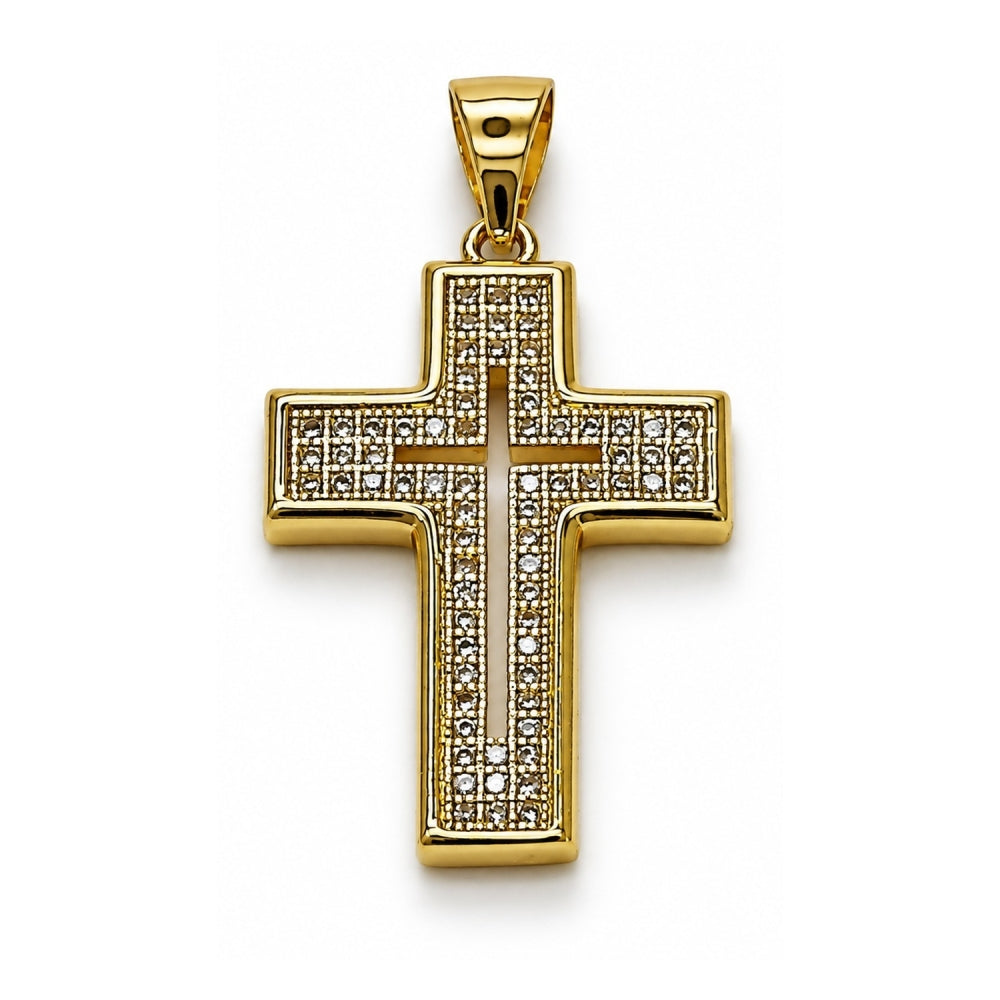 Oro Laminado Religious Pendant, Gold Filled Style Cross Design, with White Micro Pave, Polished, Golden Finish