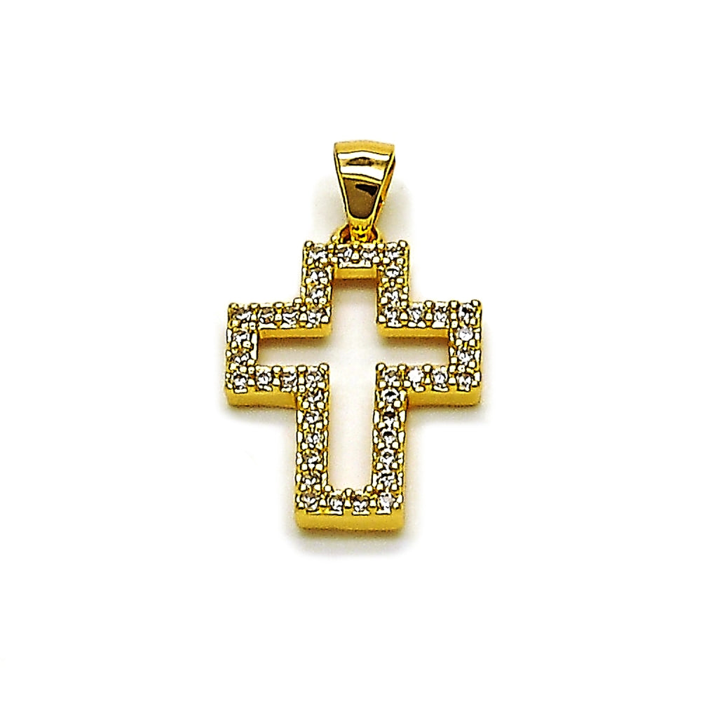 Oro Laminado Religious Pendant, Gold Filled Style Cross Design, with White Cubic Zirconia, Polished, Golden Finish