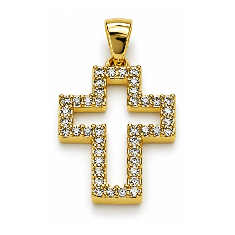 Oro Laminado Religious Pendant, Gold Filled Style Cross Design, with White Cubic Zirconia, Polished, Golden Finish