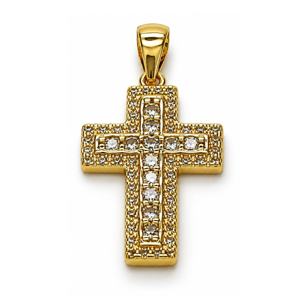 Oro Laminado Religious Pendant, Gold Filled Style Cross Design, with White Cubic Zirconia and White Micro Pave, Polished, Golden Finish