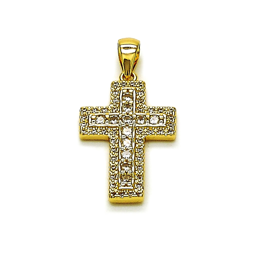 Oro Laminado Religious Pendant, Gold Filled Style Cross Design, with White Cubic Zirconia and White Micro Pave, Polished, Golden Finish