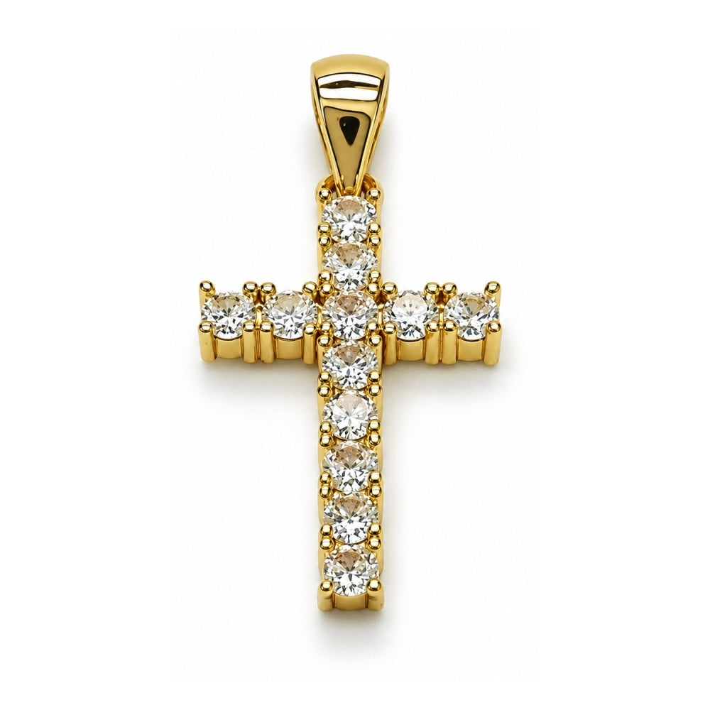 Oro Laminado Religious Pendant, Gold Filled Style Cross Design, with White Cubic Zirconia, Polished, Golden Finish