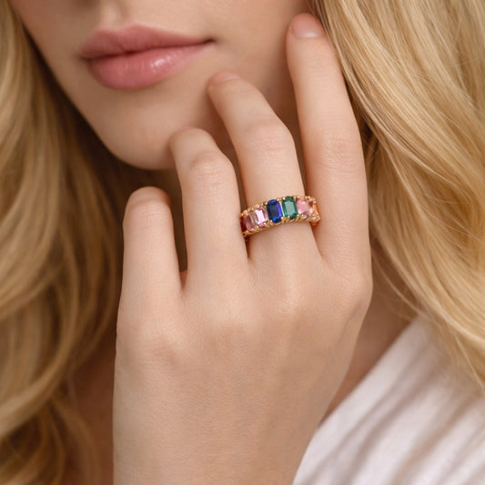 Oro Laminado Multi Stone Ring, Gold Filled Style with Multicolor Cubic Zirconia, Polished, Golden Finish