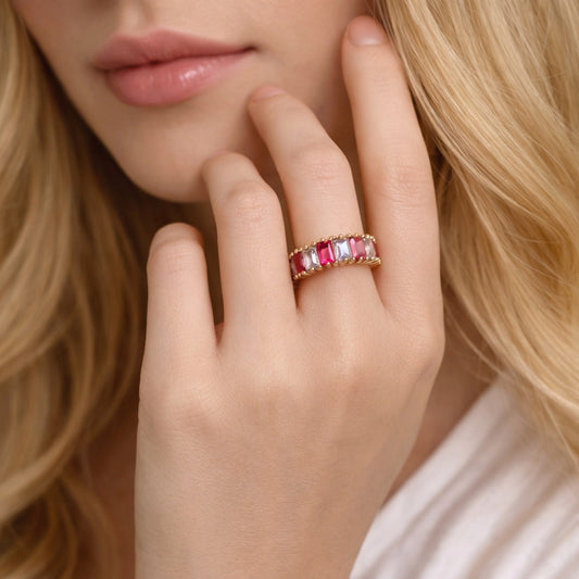 Oro Laminado Multi Stone Ring, Gold Filled Style Baguette Design, with Ruby and White Cubic Zirconia, Polished, Golden Finish