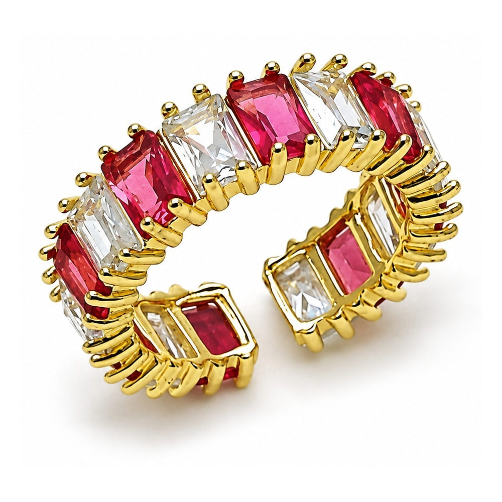 Oro Laminado Multi Stone Ring, Gold Filled Style Baguette Design, with Ruby and White Cubic Zirconia, Polished, Golden Finish