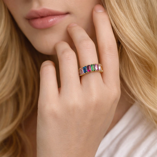 Oro Laminado Multi Stone Ring, Gold Filled Style Baguette Design, with Multicolor Cubic Zirconia, Polished, Golden Finish