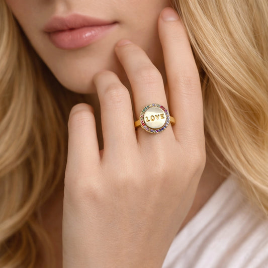 Oro Laminado Multi Stone Ring, Gold Filled Style Love Design, with Multicolor Micro Pave, Polished, Golden Finish