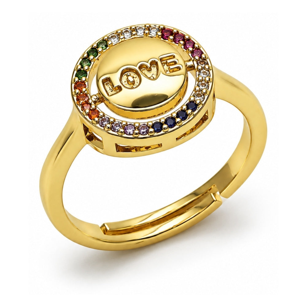 Oro Laminado Multi Stone Ring, Gold Filled Style Love Design, with Multicolor Micro Pave, Polished, Golden Finish