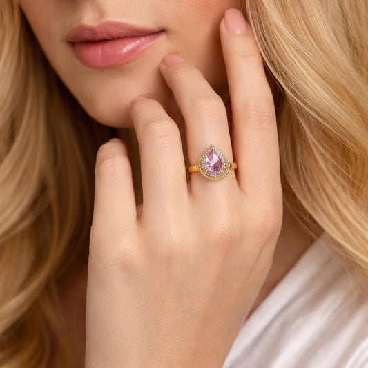 Oro Laminado Multi Stone Ring, Gold Filled Style Teardrop Design, with Pink and White Cubic Zirconia, Polished, Golden Finish