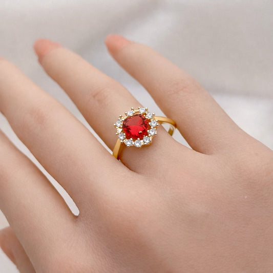 Oro Laminado Multi Stone Ring, Gold Filled Style Heart Design, with Ruby and White Cubic Zirconia, Polished, Golden Finish