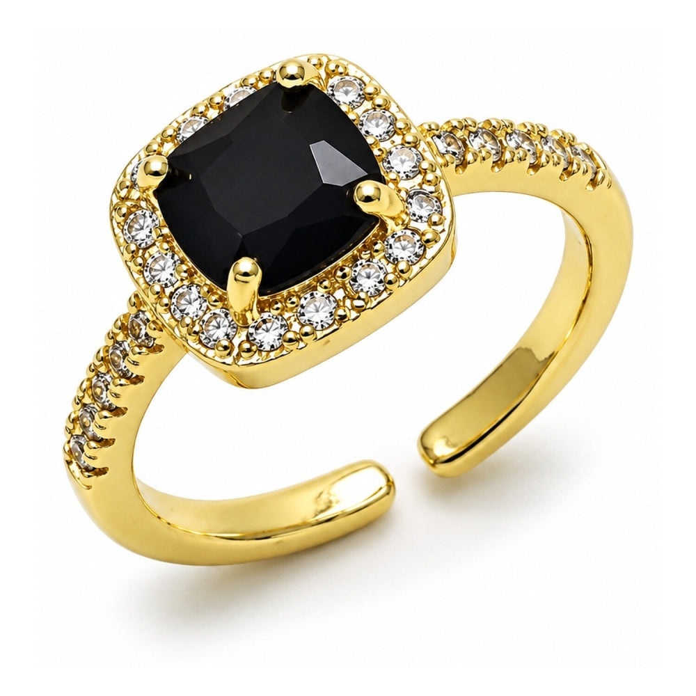 Oro Laminado Multi Stone Ring, Gold Filled Style Cluster Design, with Black Cubic Zirconia and White Micro Pave, Polished, Golden Finish
